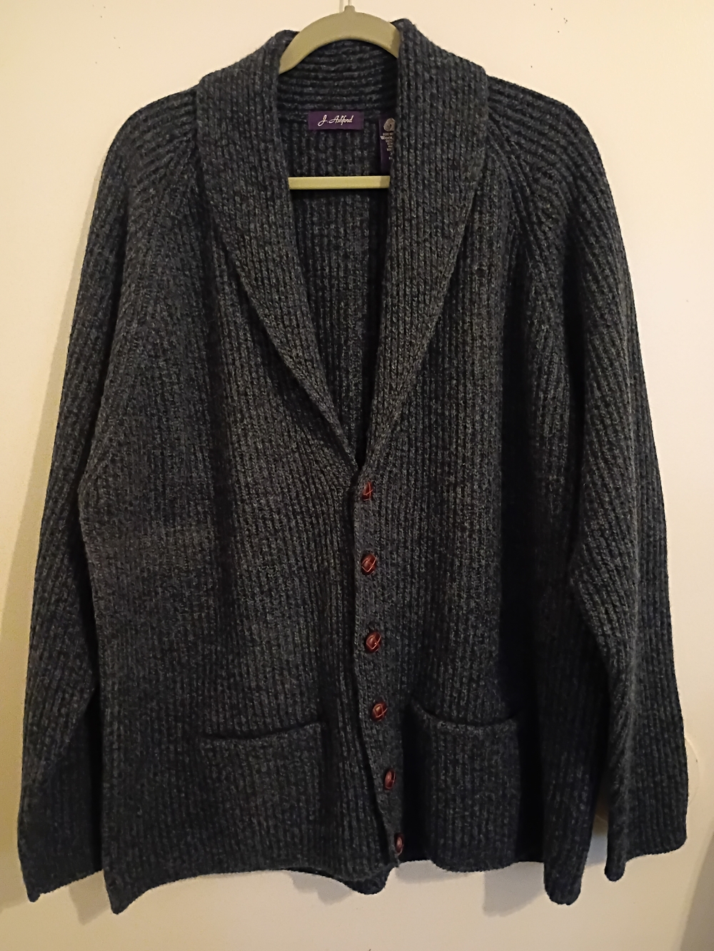 J Ashford Men’s Shawl Collar Ribbed Cardigan Sweater - Dark Blue  Wool Sz XXL